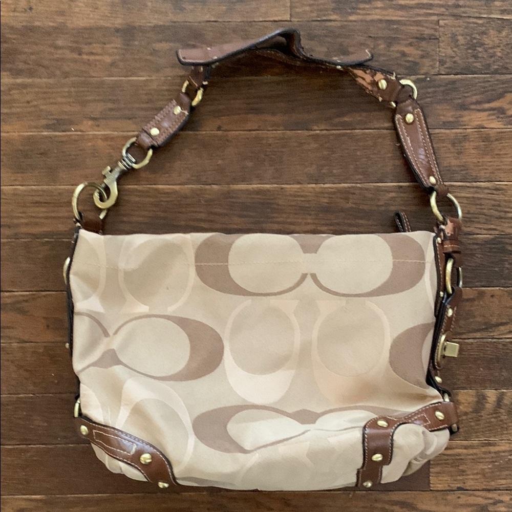 Coach Tan and Brown Shoulder Bag with Signature Pattern
